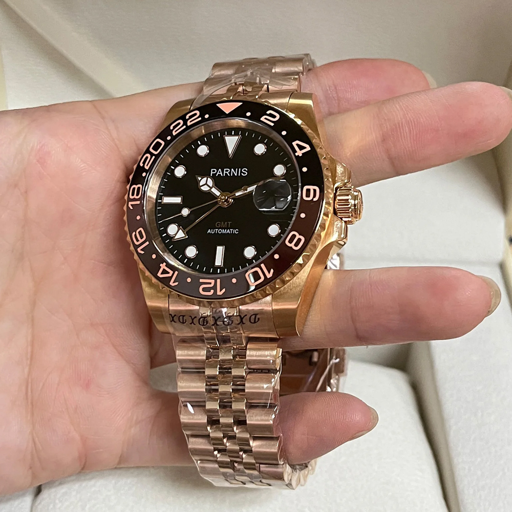 Parnis 40mm Rose Gold Case Automatic Mechanical Men s Watches GMT Sapphire Waterproof Watch For Men