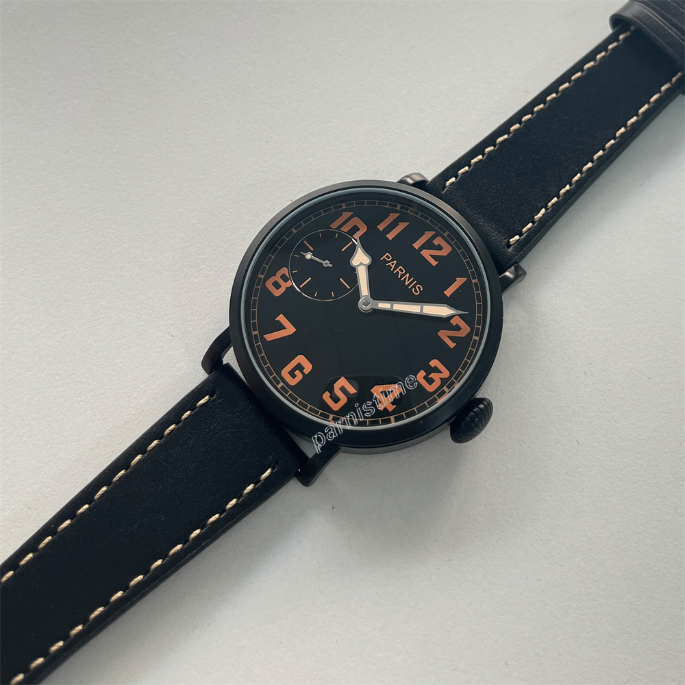 New Parnis Mm Black Case Mechanical Men Watch Orange Scale Leather Strap Hand Wind Men